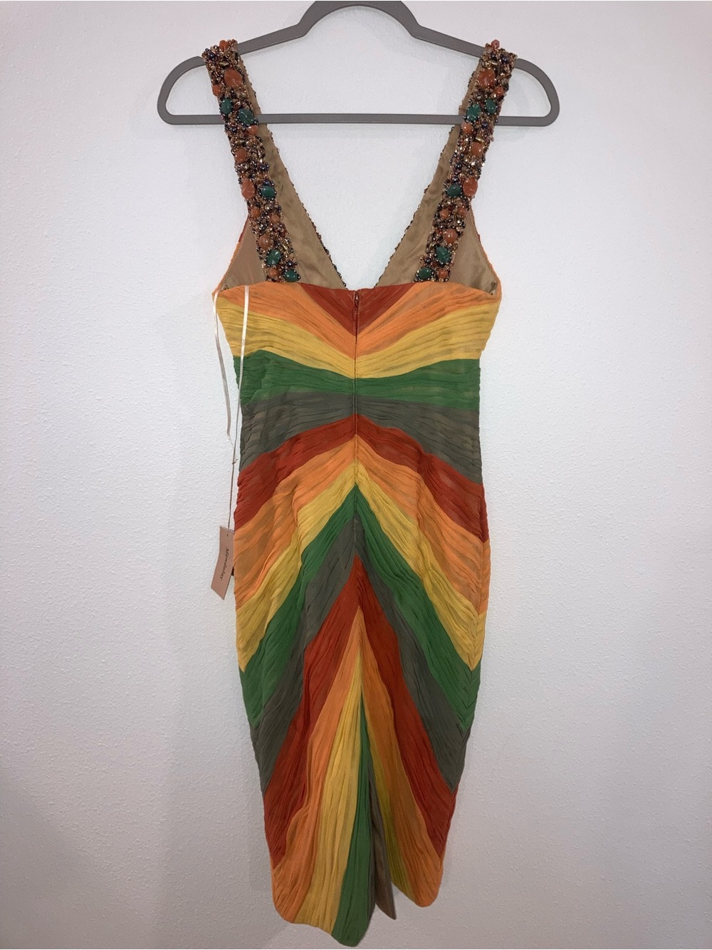 Mandalay 100% Silk Rainbow Stripe Mini Sheath Dress Beaded Strap Sleeveless NWT - Picture 5 of 16